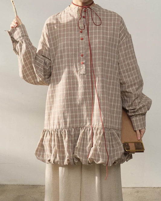 チェックハーフボタンブラウスライン 10350