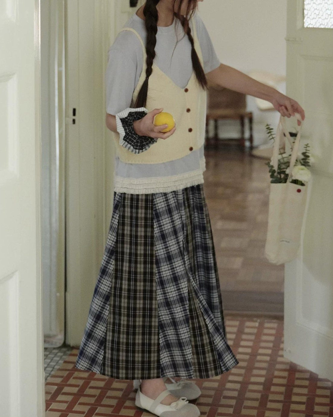 レトロチェックパッチミディスカート 10274