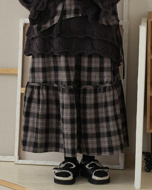ノルディックレトロチェックフレアロングスカート 10190