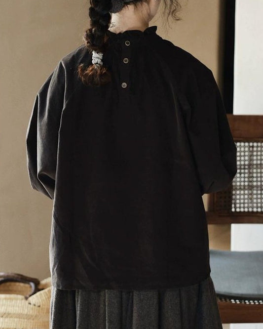 フリルネックバックボタンブラウス 10010