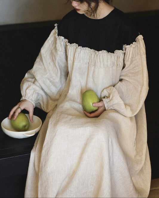 パフスリーブバイカラープリーツワンピース 10020