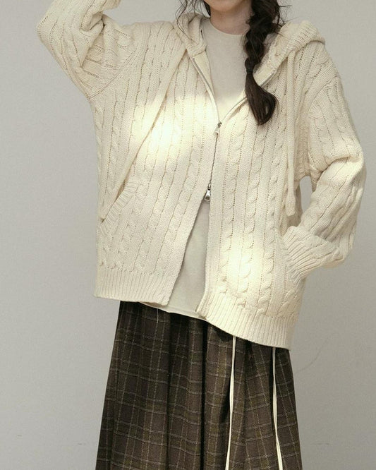 コージーケーブルフードジップカーディガン 10178