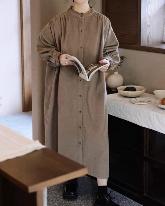 フリルネックコーデュロイシャツワンピース 10063