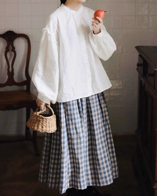 バンドカラーパフスリーブフリルブラウス 10004