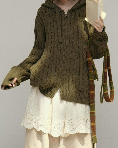 コージーケーブルフードジップカーディガン 10178