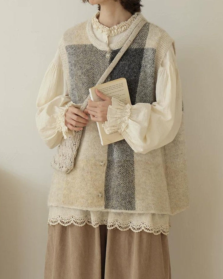 チェックニットレイヤードベスト 10197