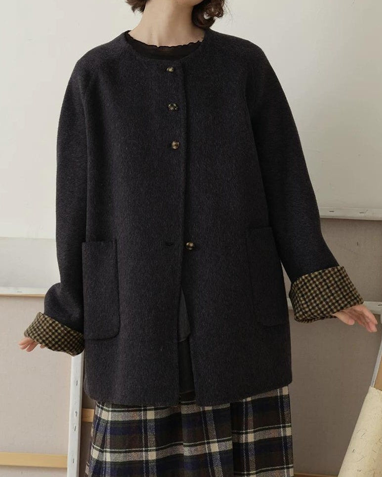 ノーカラーレトロチェックコート 10189