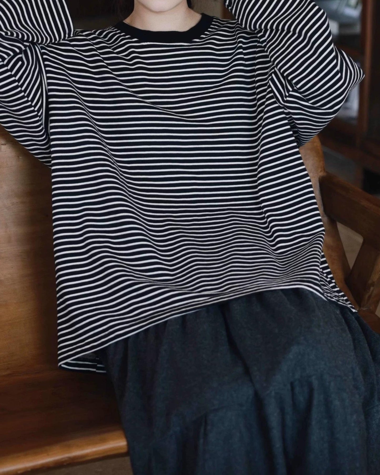 ラウンドネックストライプオーバーカットソー 10038