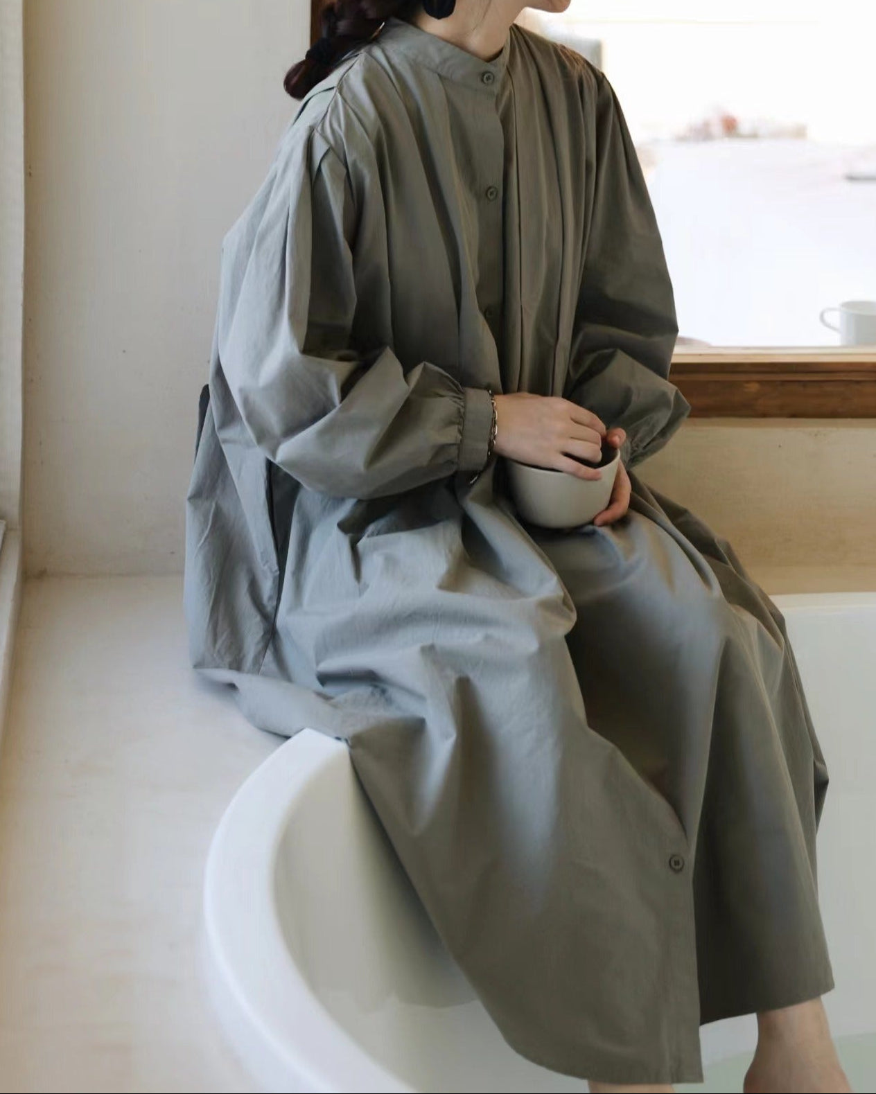 スタンドカラープリーツシャツワンピース 10088