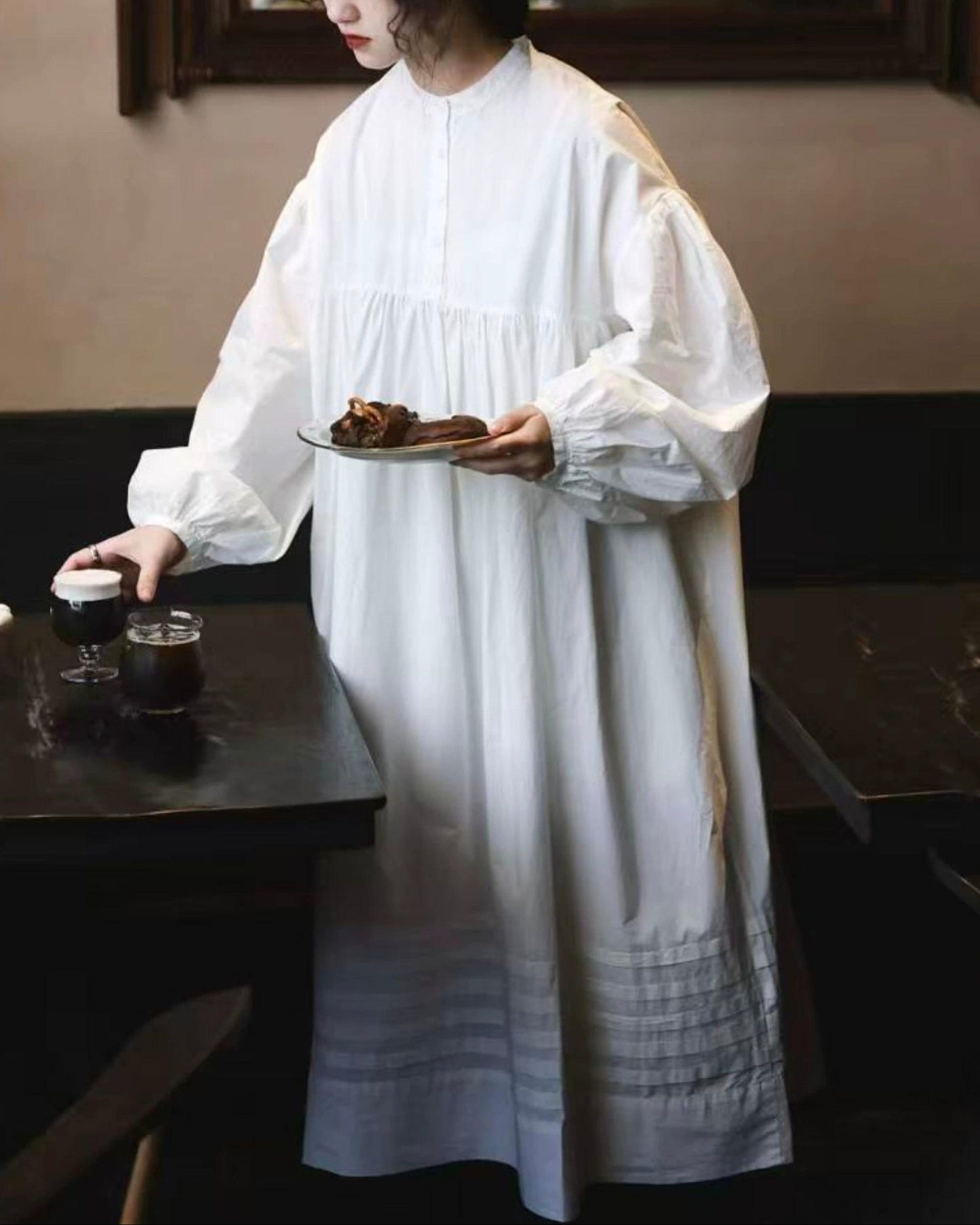 バンドカラーハーフボタンレトロワンピース 10017