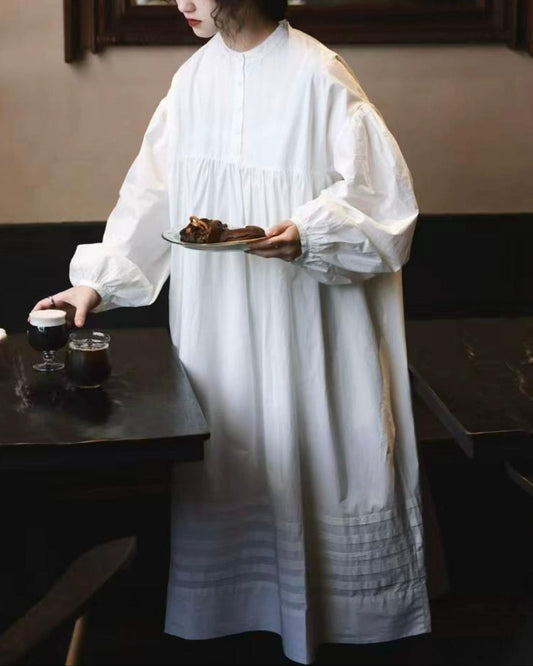 バンドカラーハーフボタンレトロワンピース 10017