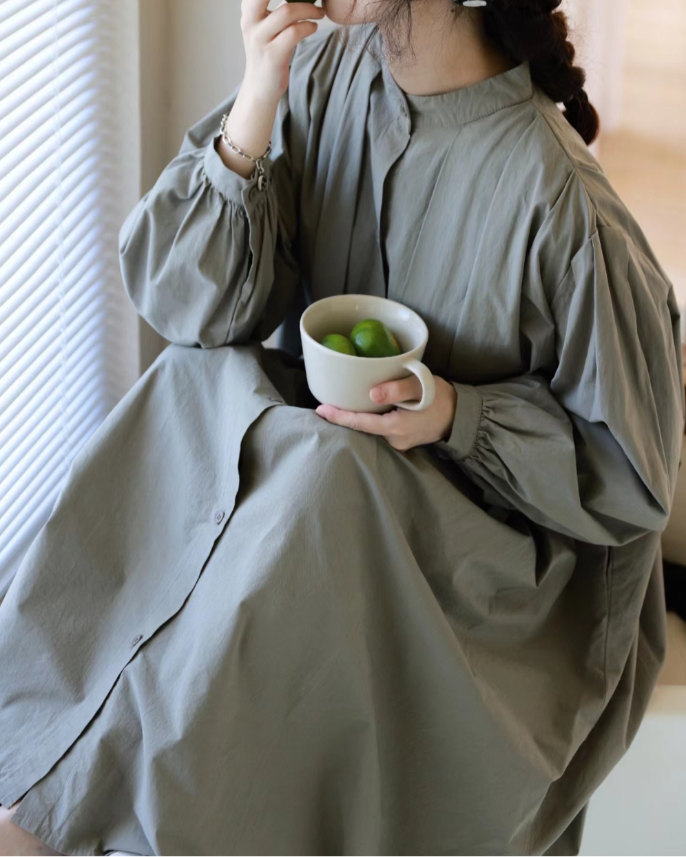 スタンドカラープリーツシャツワンピース 10088