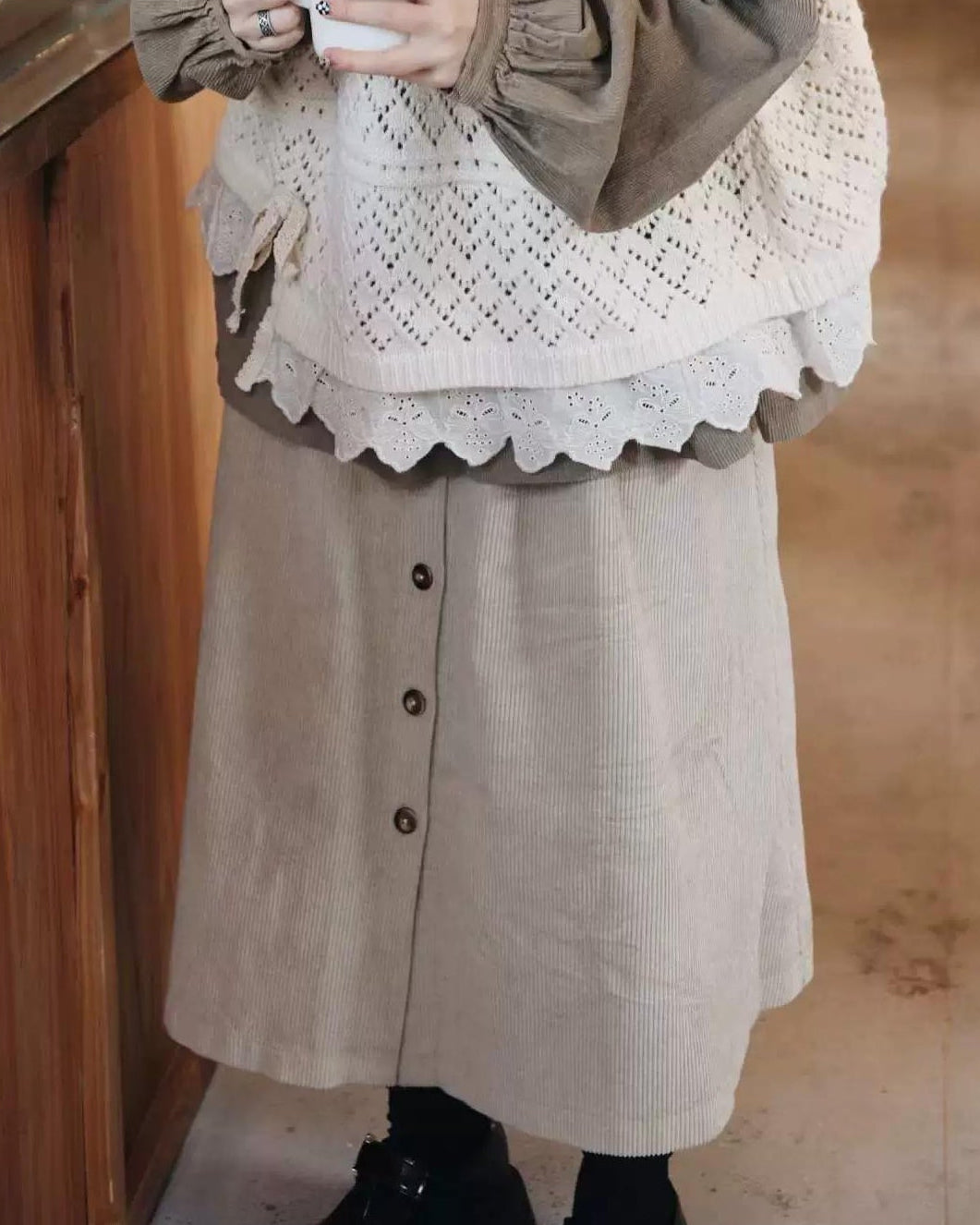 ナチュラルコーデュロイ ボタンミディスカート 10104