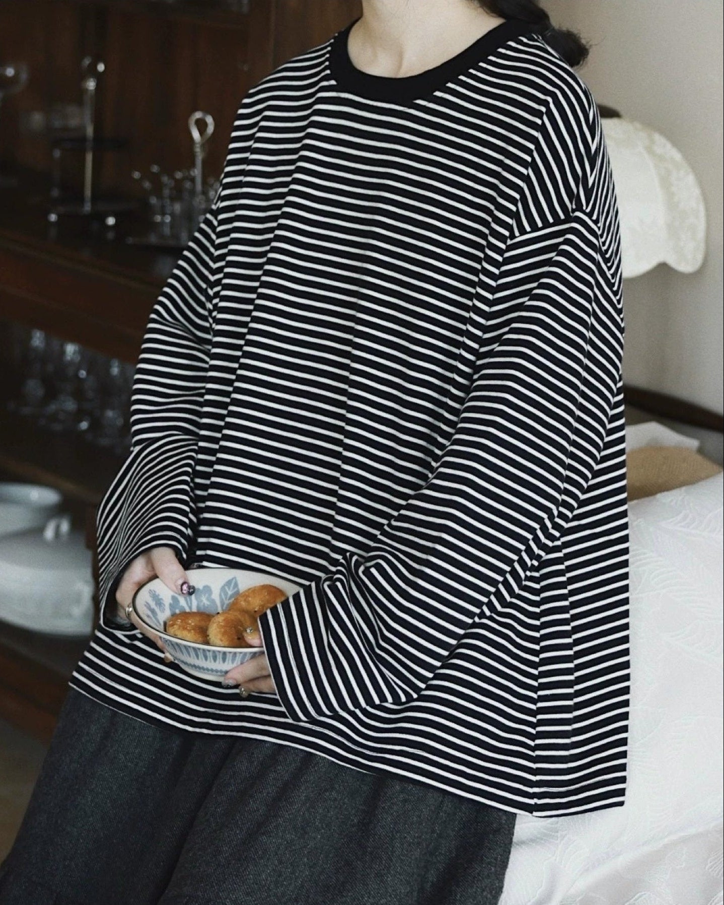 ラウンドネックストライプオーバーカットソー 10038