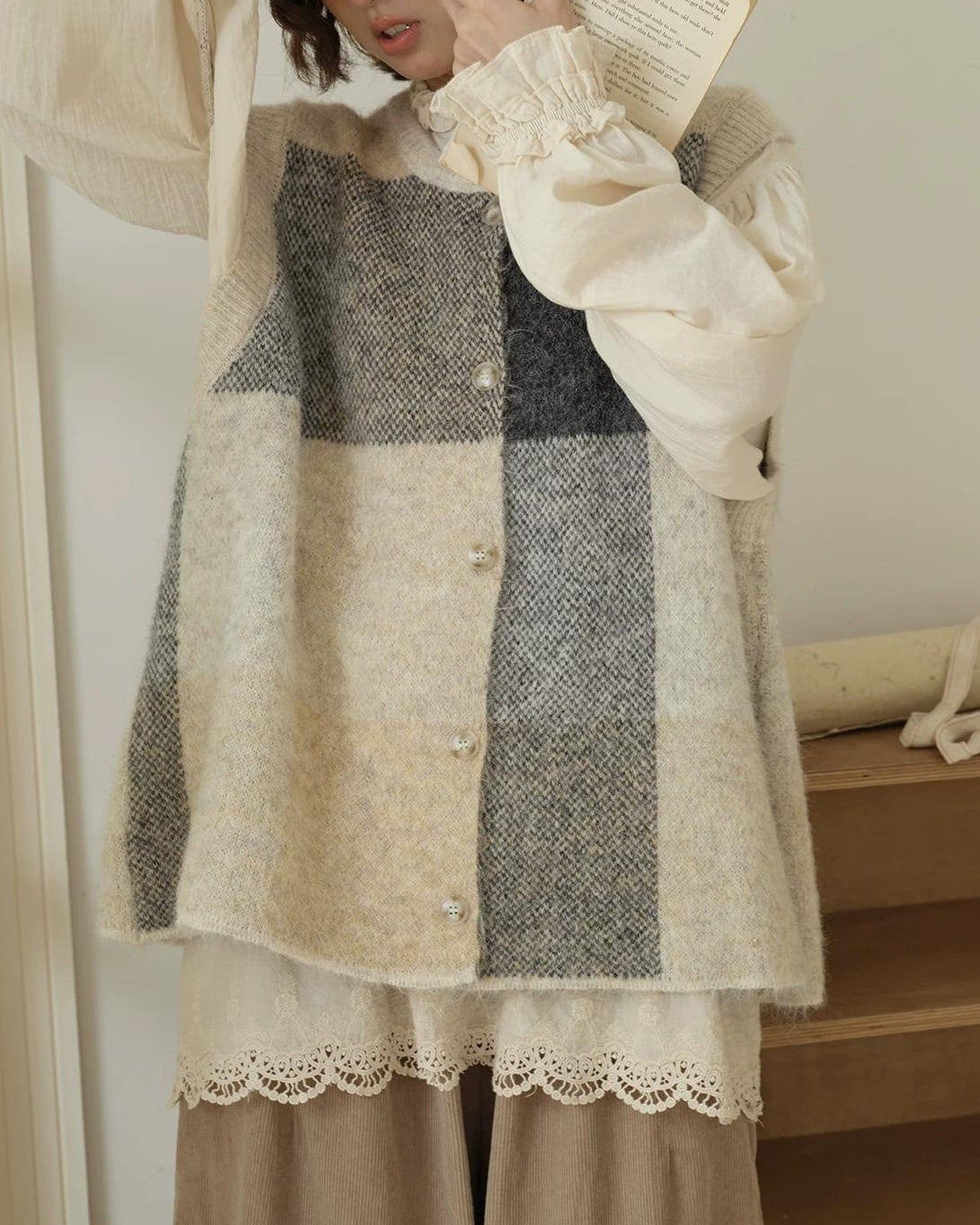 チェックニットレイヤードベスト 10197