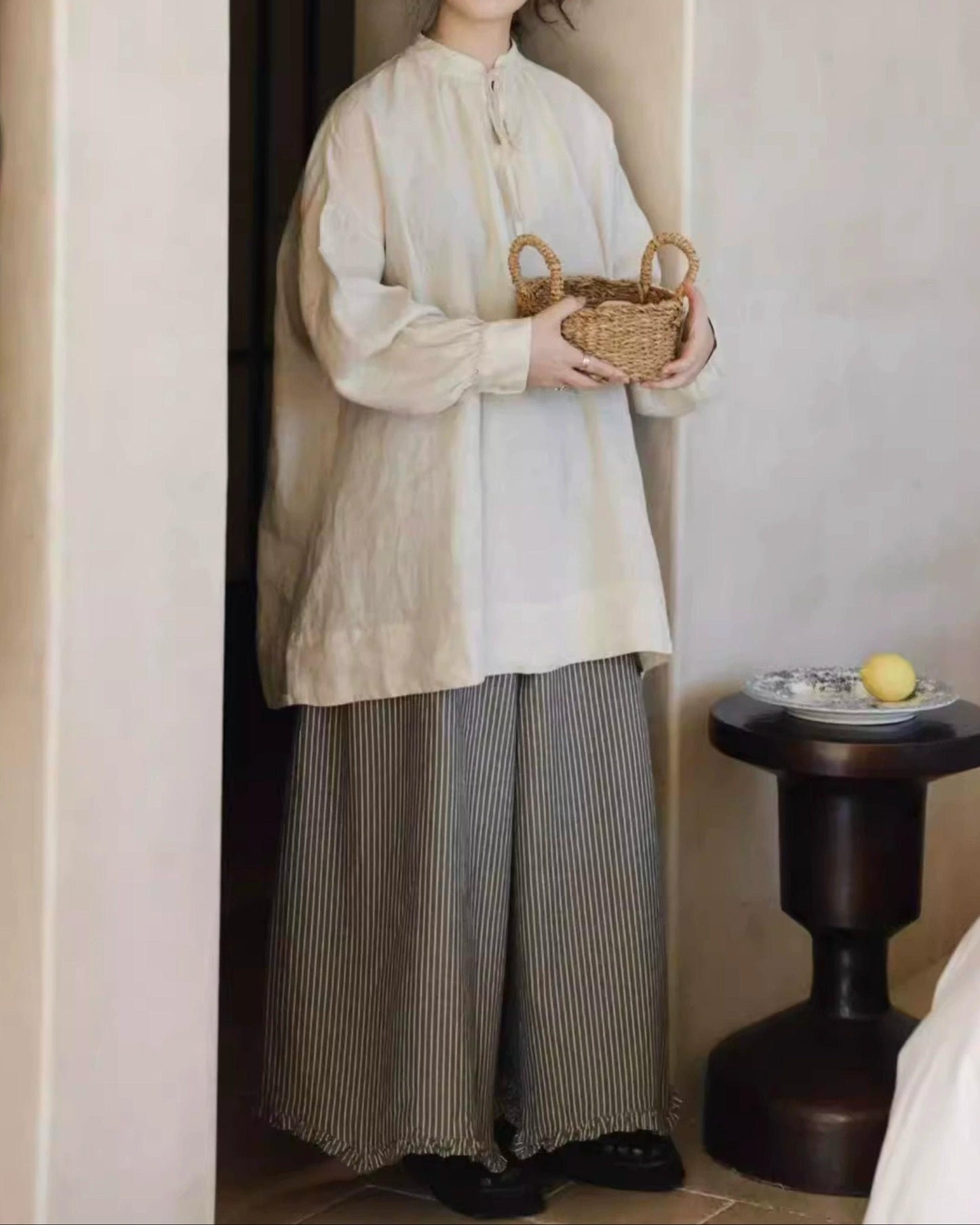 レトロストライプウエストゴムワイドパンツ 10015