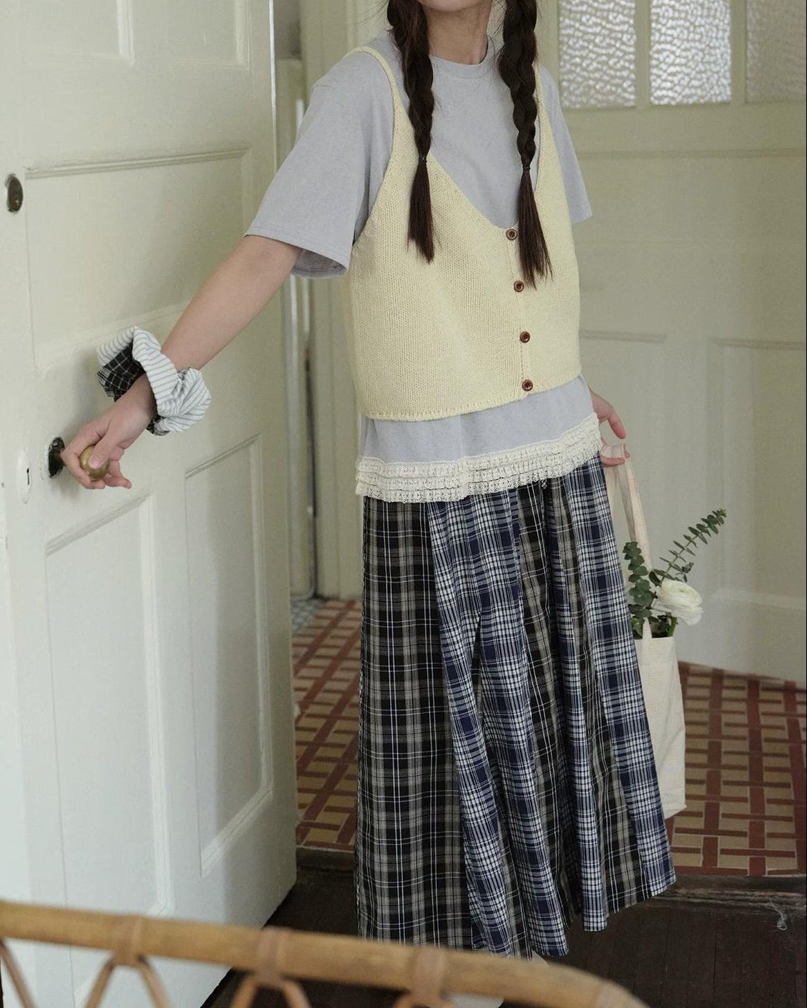 レトロチェックパッチミディスカート 10274