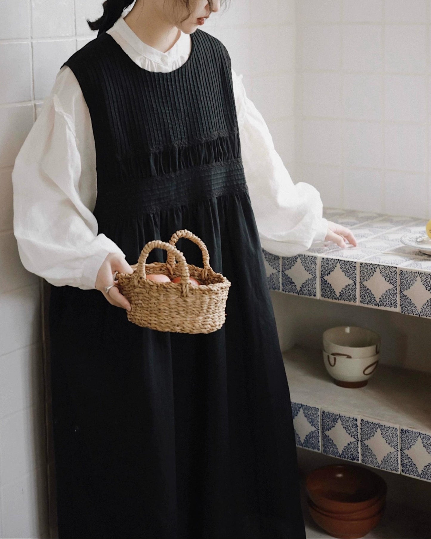 バンドカラーパフスリーブフリルブラウス 10004