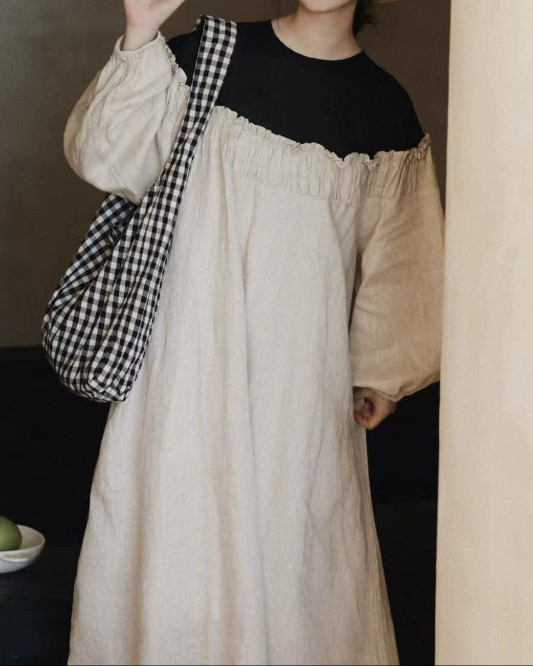 パフスリーブバイカラープリーツワンピース 10020