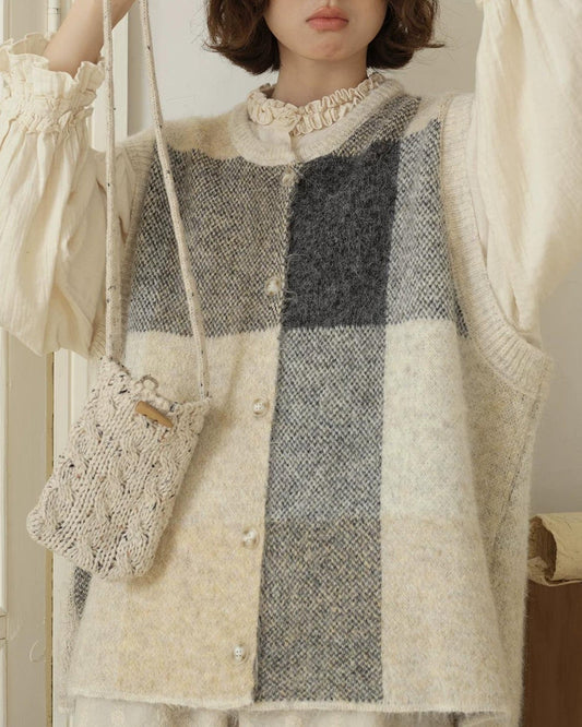 チェックニットレイヤードベスト 10197