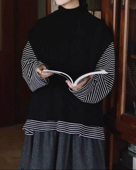 ラウンドネックストライプオーバーカットソー 10038