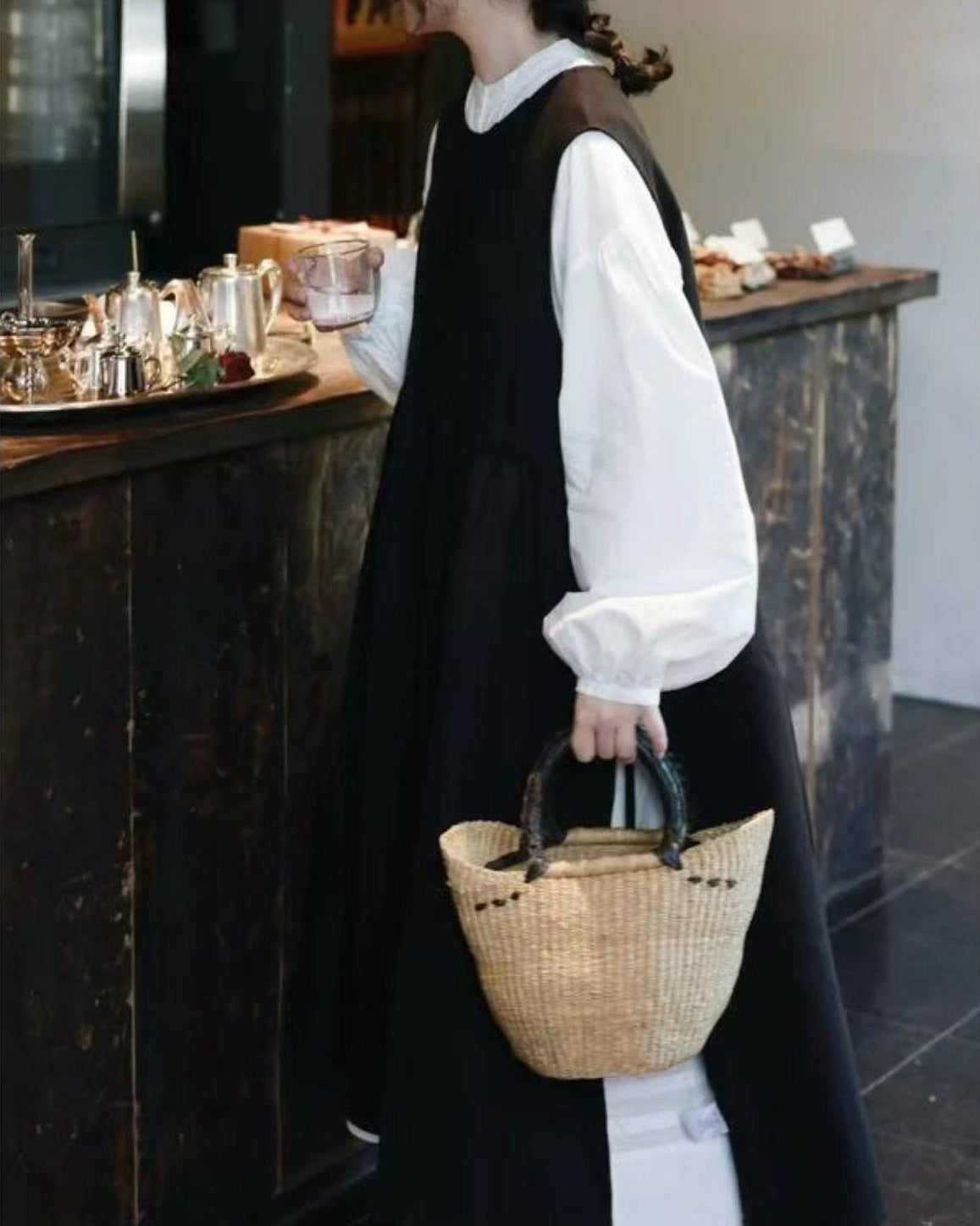 バンドカラーハーフボタンレトロワンピース 10017