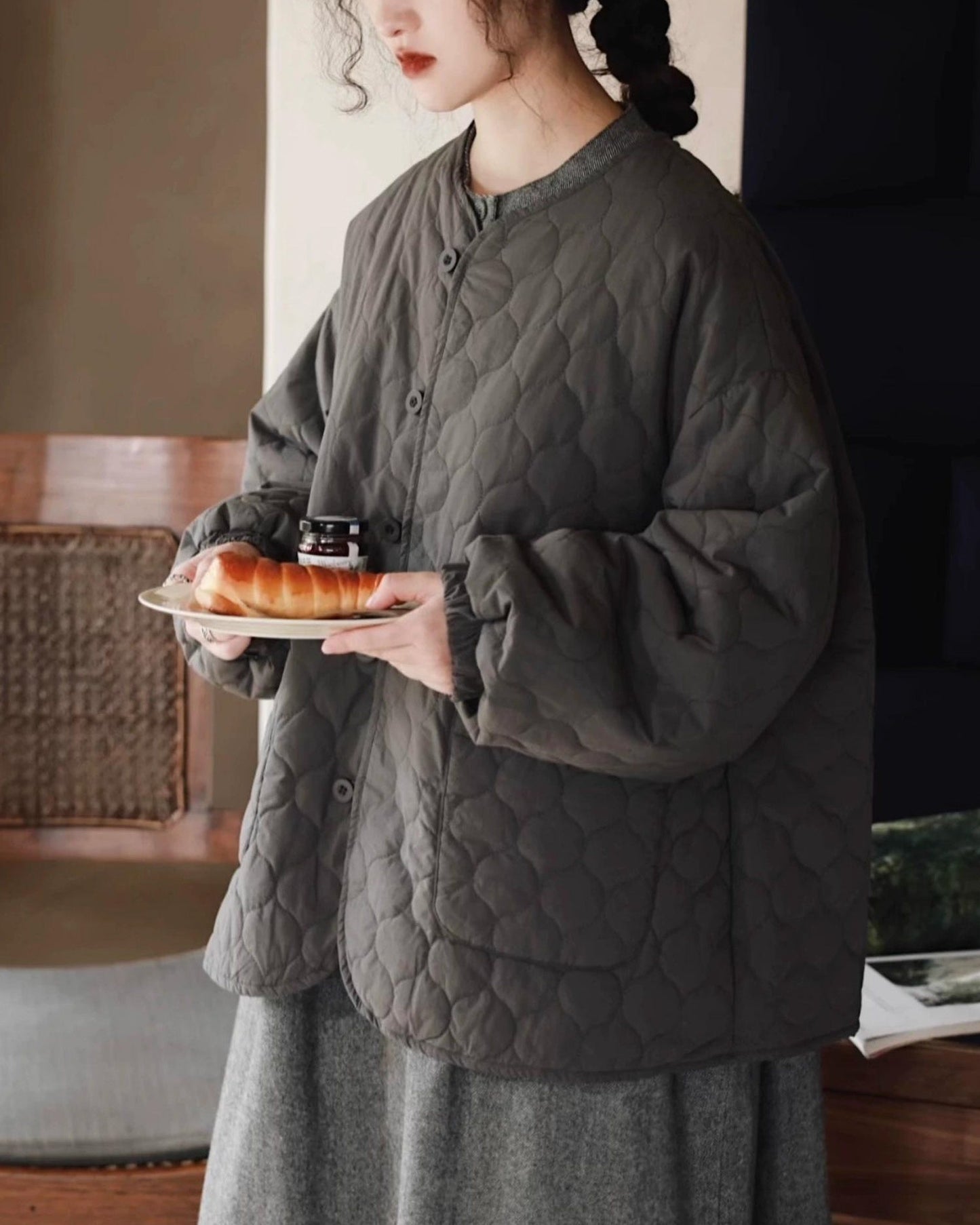 ノーカラーキルティングショートコート 10008