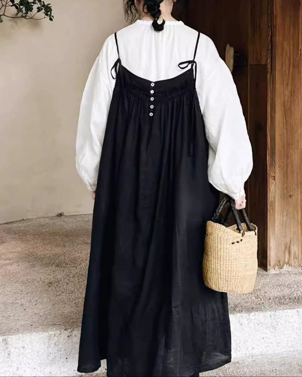 バックボタンリボンストラップワンピース 10016