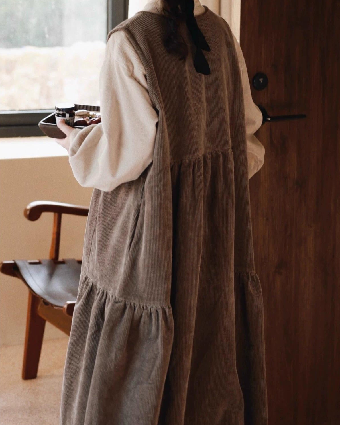 レースコーデュロイハイウエストベストワンピース 10072