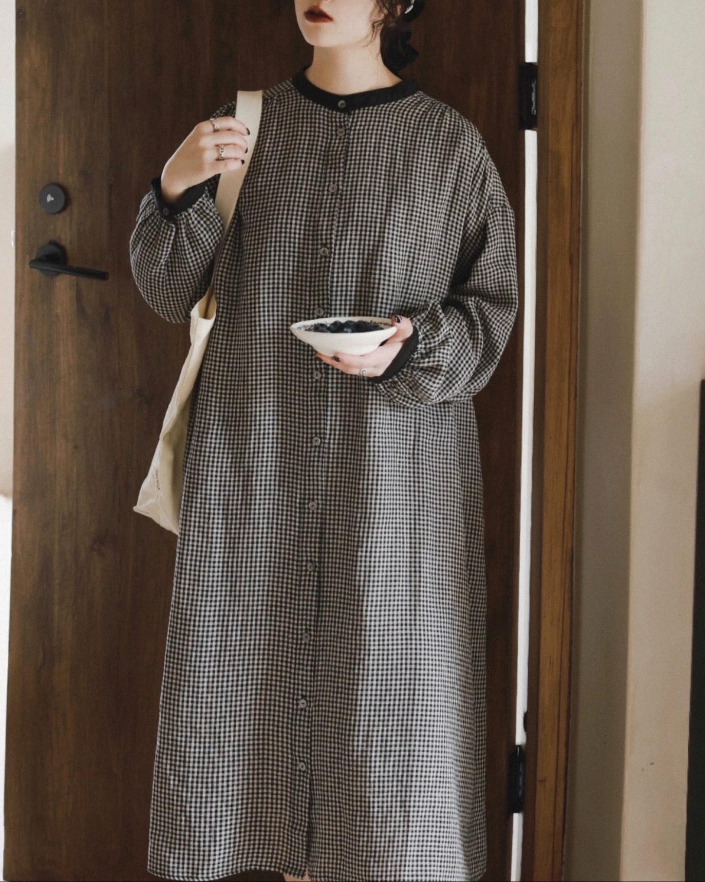 バイカラーチェック柄シャツワンピース 10026