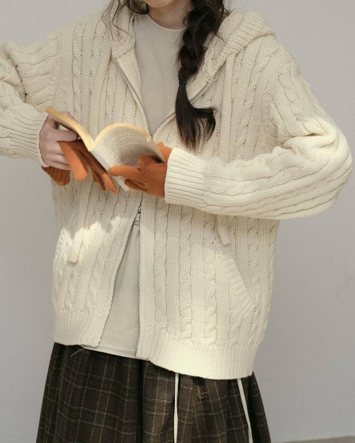 コージーケーブルフードジップカーディガン 10178