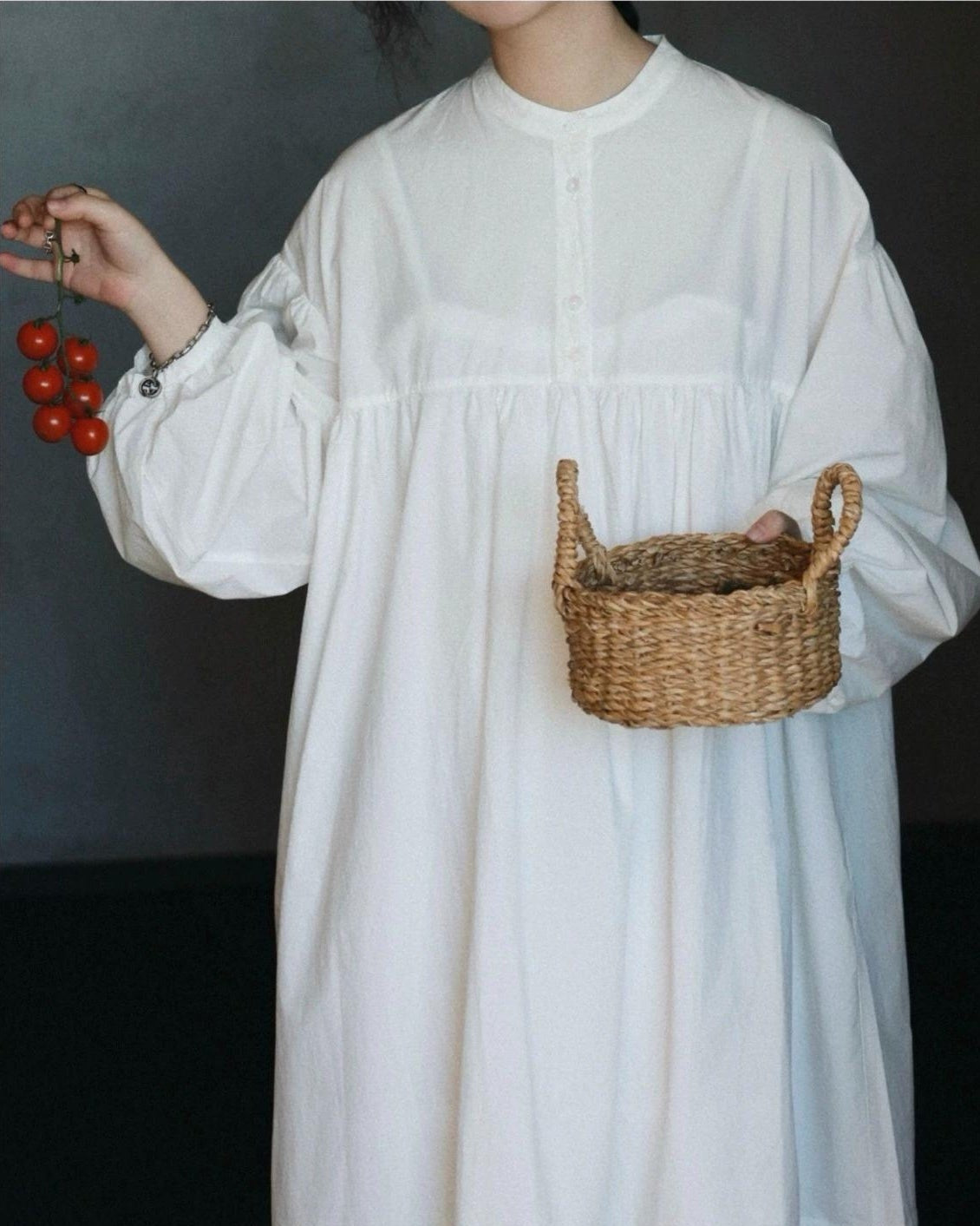 バンドカラーハーフボタンレトロワンピース 10017