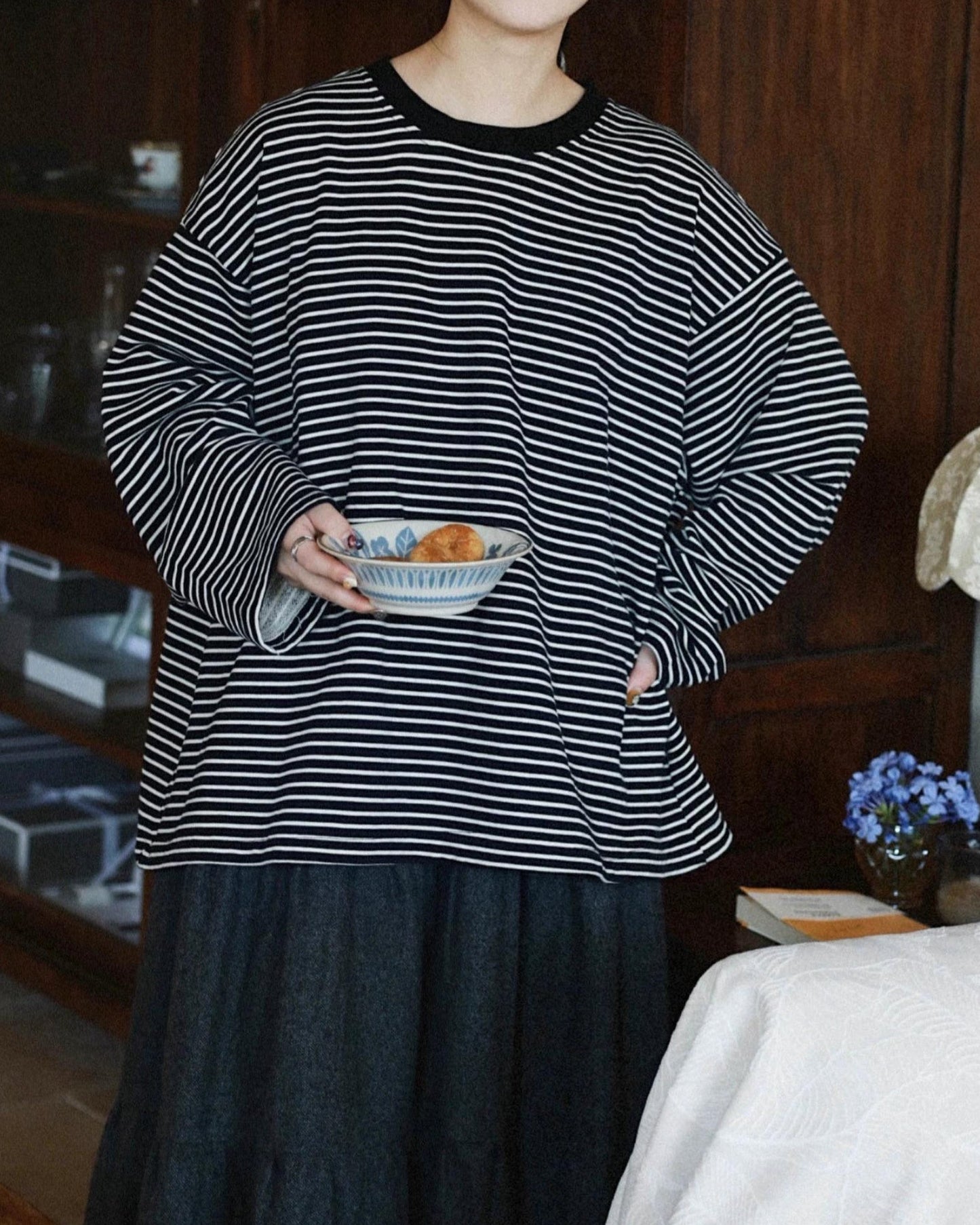 ラウンドネックストライプオーバーカットソー 10038