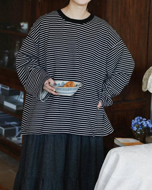 ラウンドネックストライプオーバーカットソー 10038