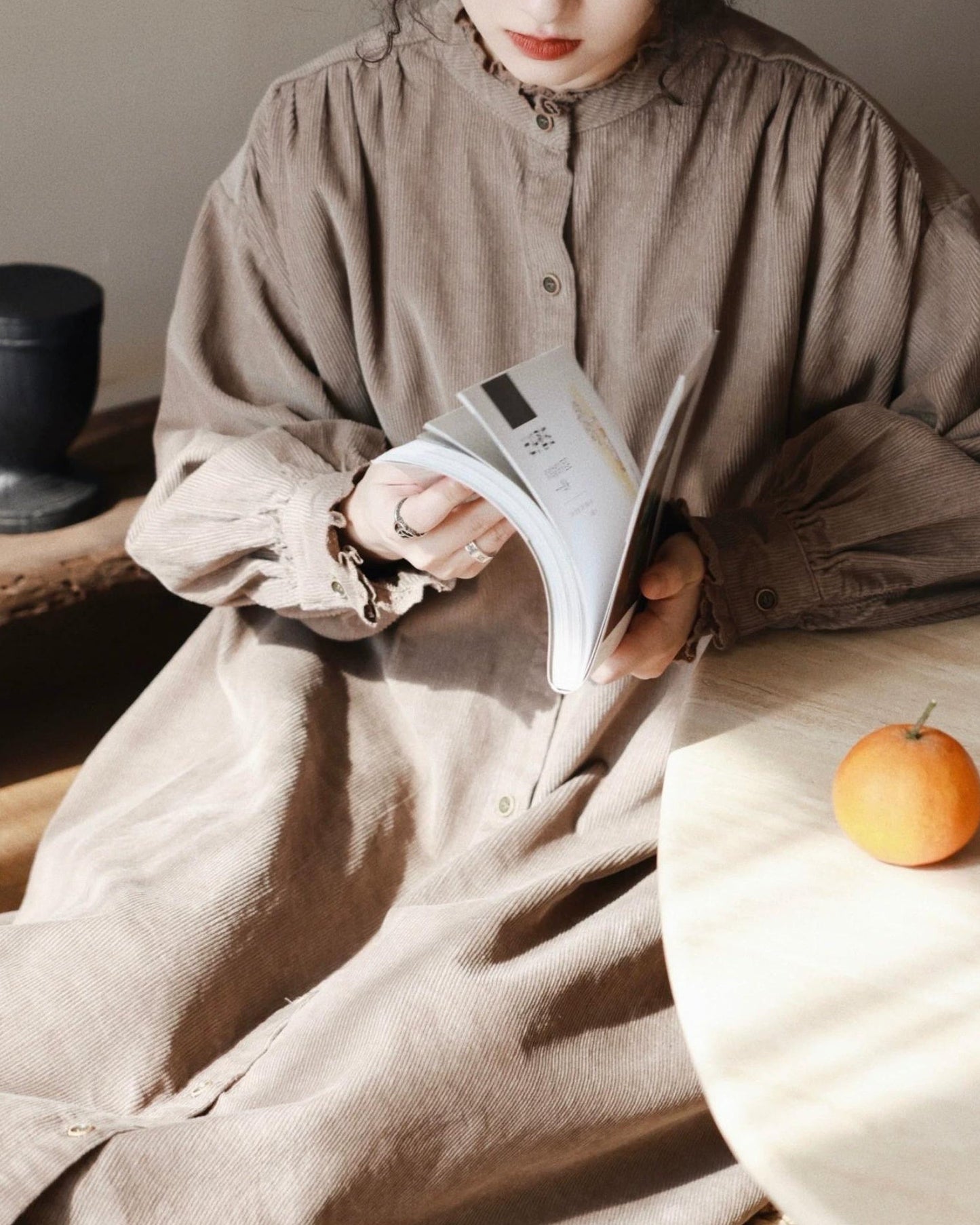 フリルネックコーデュロイシャツワンピース 10063