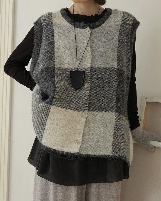 チェックニットレイヤードベスト 10197