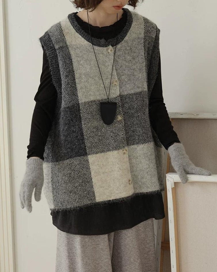 チェックニットレイヤードベスト 10197