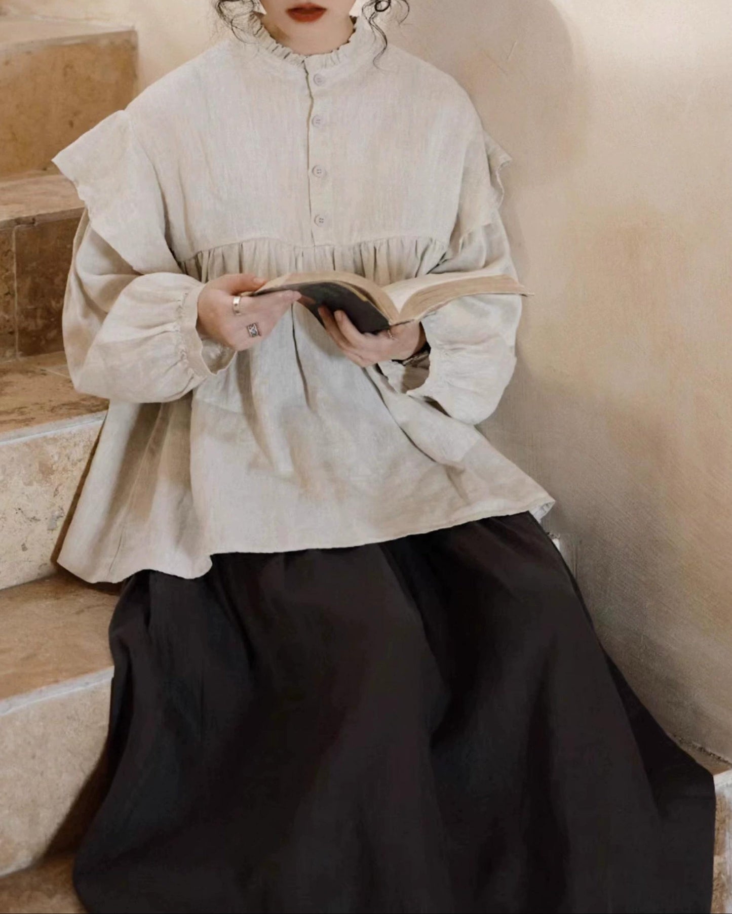 ハーフボタンフリルルミブラウス 10084