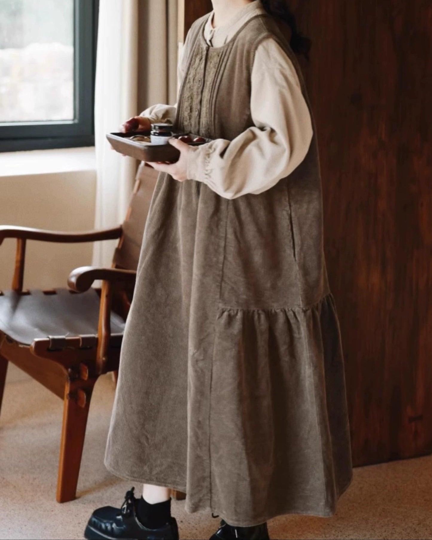 レースコーデュロイハイウエストベストワンピース 10072