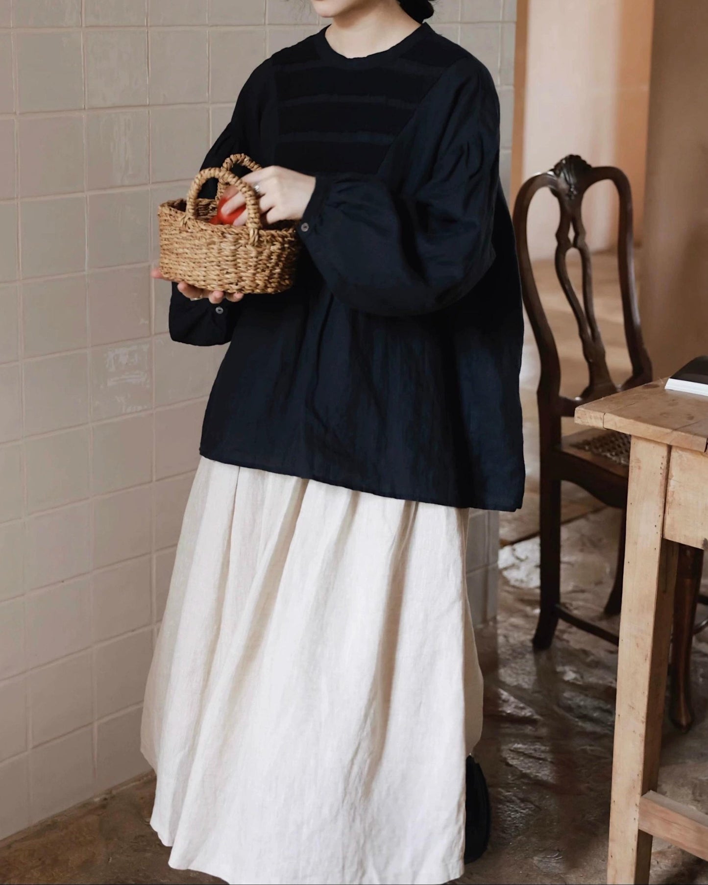 パフスリーブフレアレトロブラウス 10045