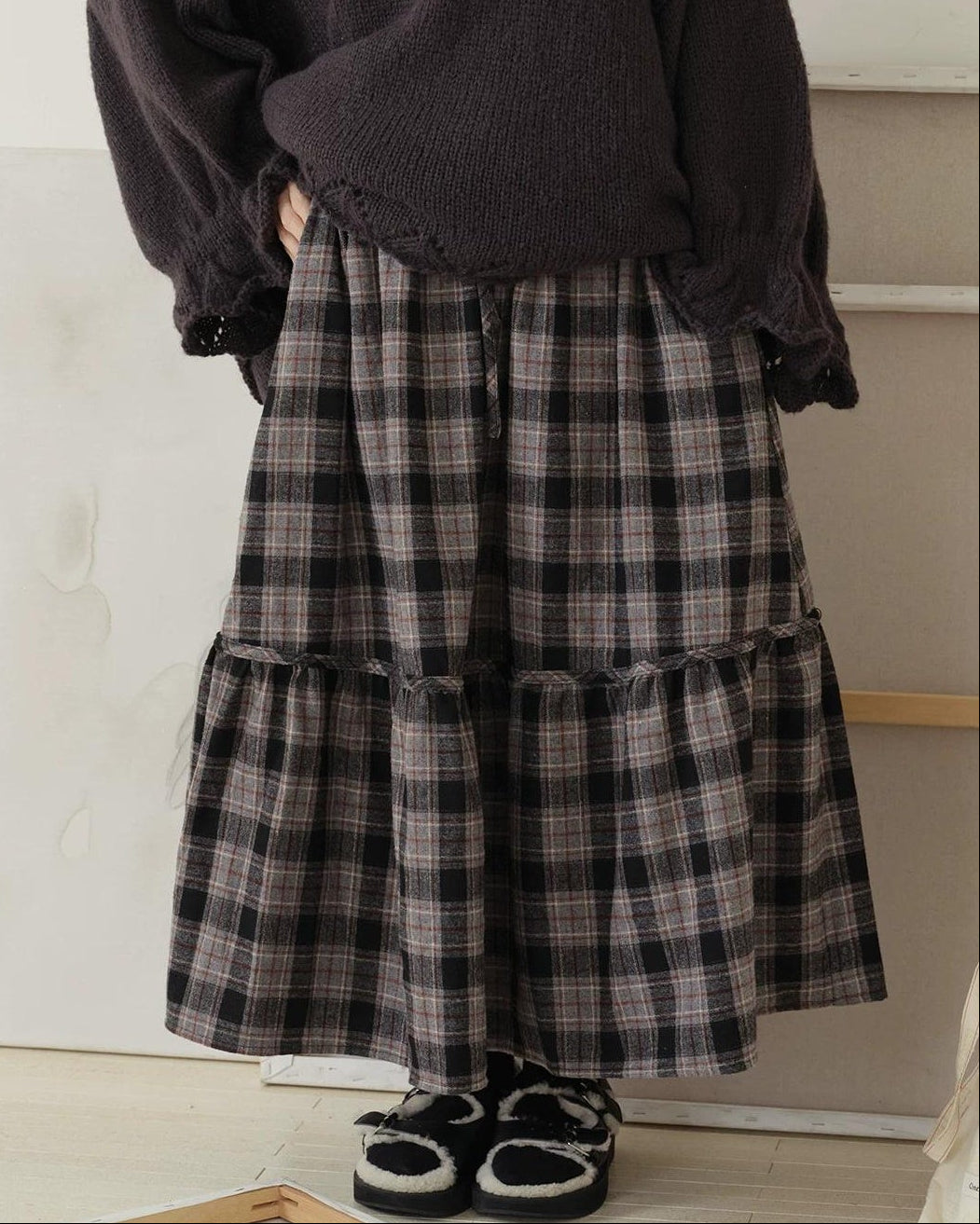ノルディックレトロチェックフレアロングスカート 10190