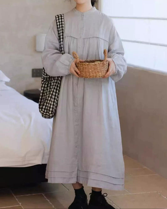 バンドカラープリーツフレアシャツワンピース 10021