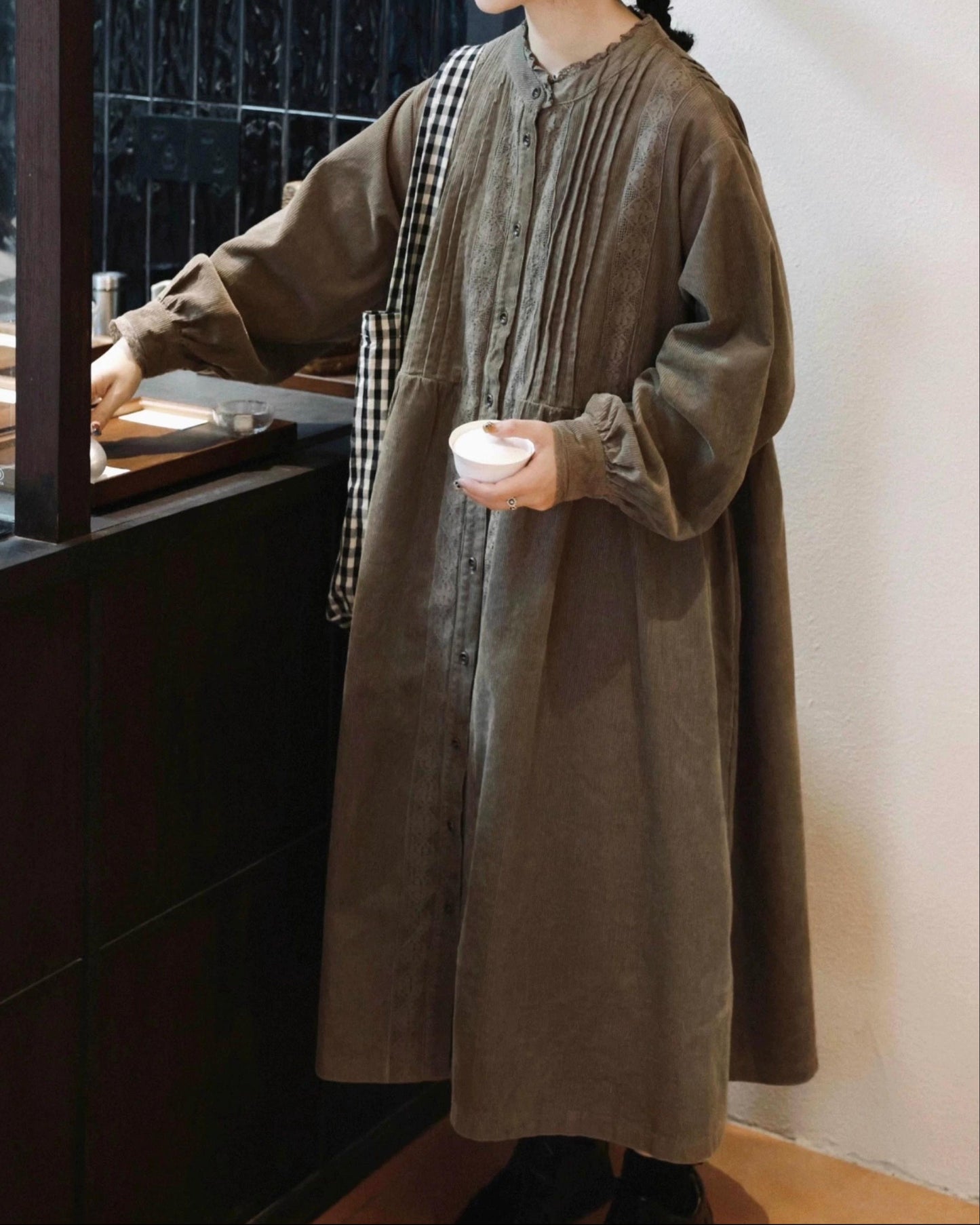 コーデュロイフレアレースワンピース 10002