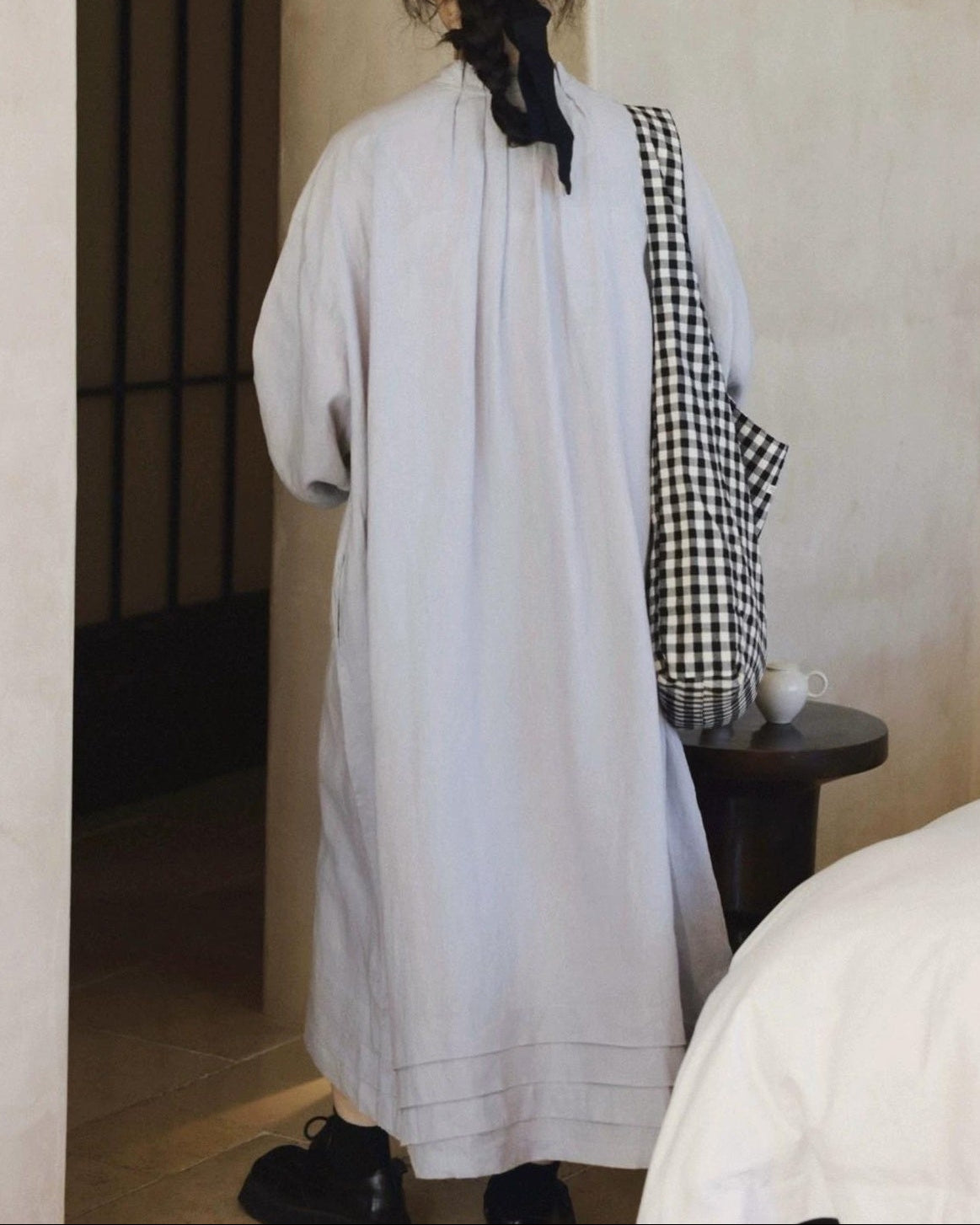 バンドカラープリーツフレアシャツワンピース 10021