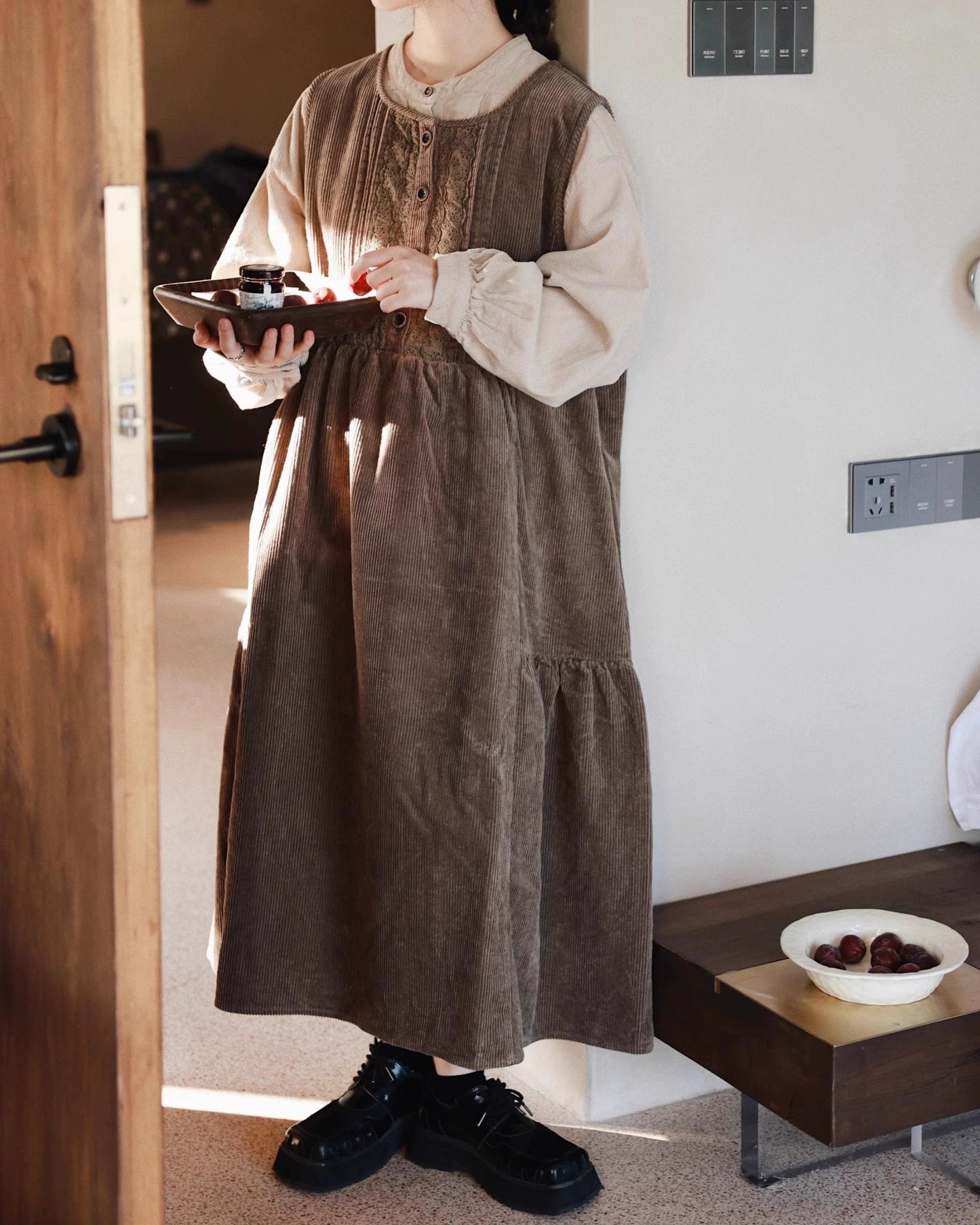 レースコーデュロイハイウエストベストワンピース 10072