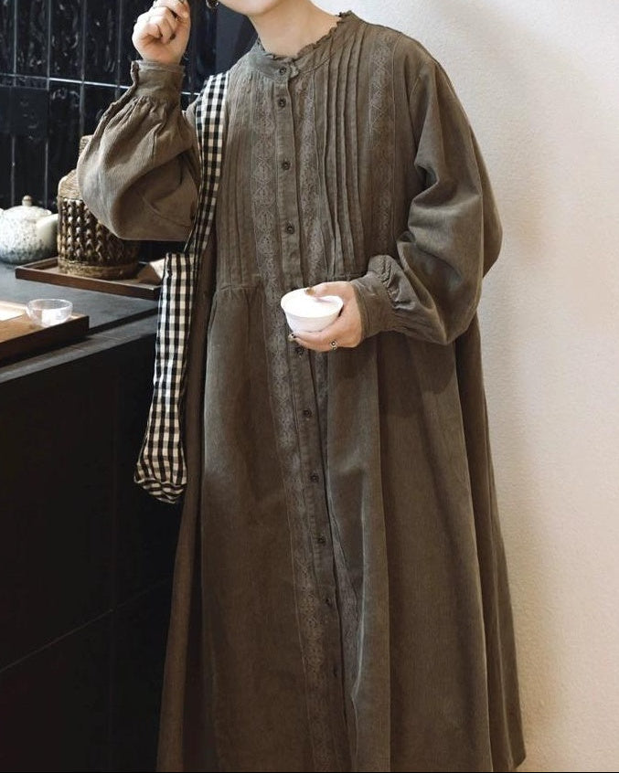 コーデュロイフレアレースワンピース 10002