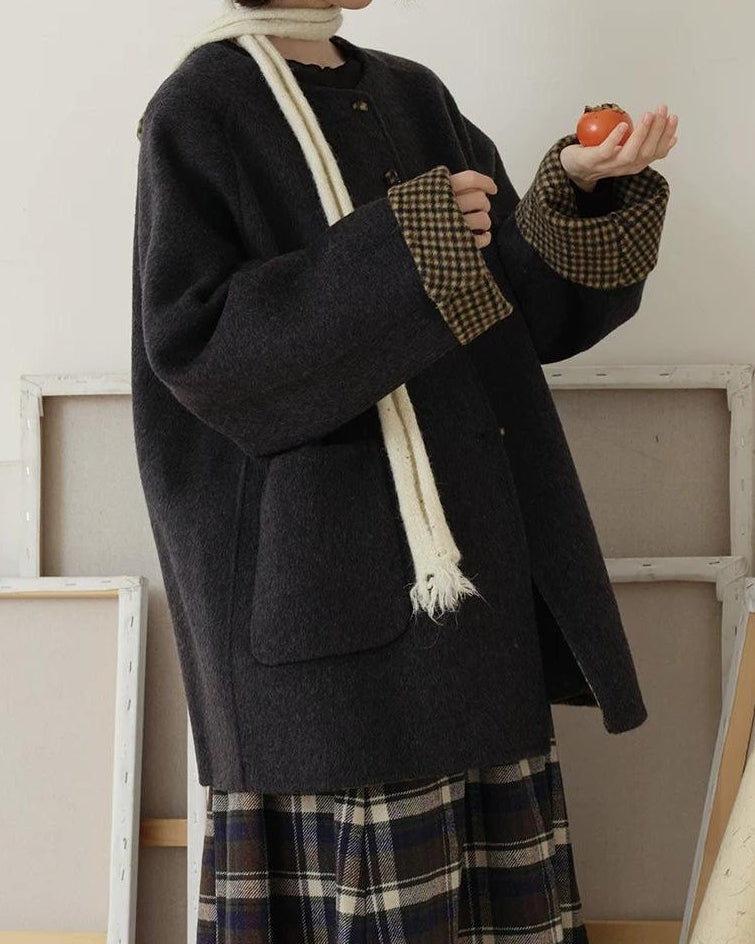 ノーカラーレトロチェックコート 10189