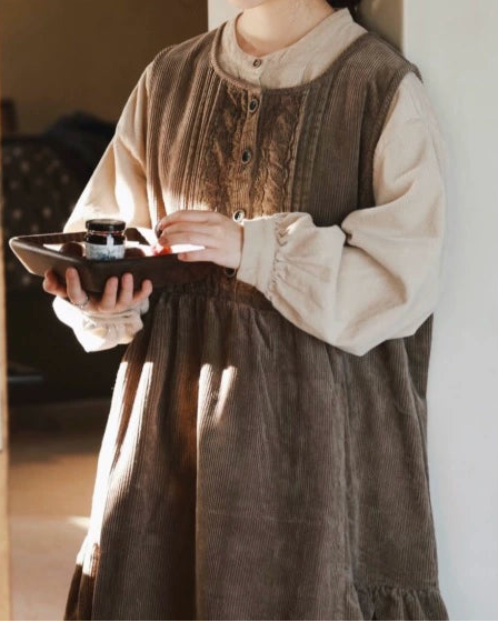 レースコーデュロイハイウエストベストワンピース 10072