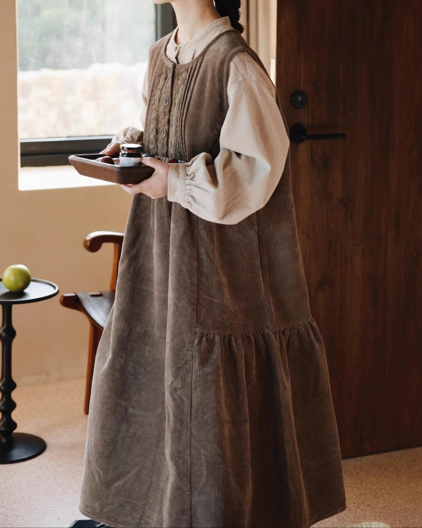 レースコーデュロイハイウエストベストワンピース 10072