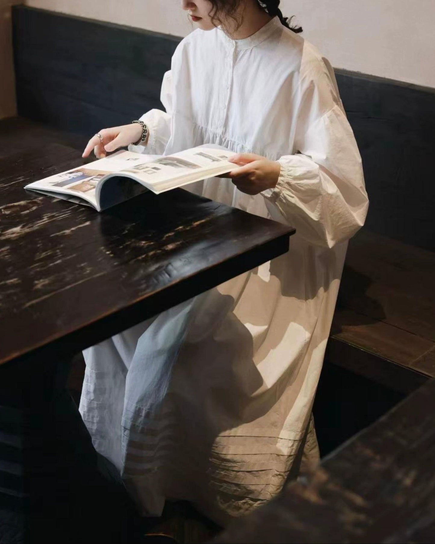 バンドカラーハーフボタンレトロワンピース 10017